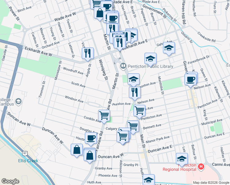 map of restaurants, bars, coffee shops, grocery stores, and more near 885 Fairview Road in Penticton