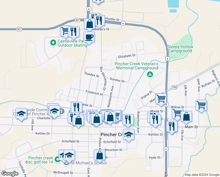 map of restaurants, bars, coffee shops, grocery stores, and more near 1130 Wentworth Avenue in Pincher Creek