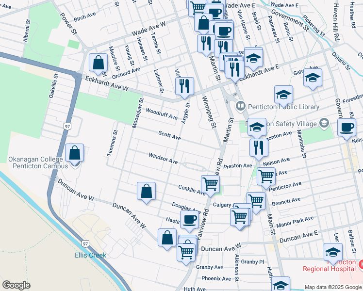 map of restaurants, bars, coffee shops, grocery stores, and more near 920 Argyle Street in Penticton