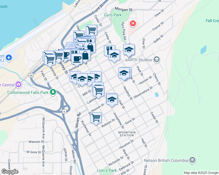 map of restaurants, bars, coffee shops, grocery stores, and more near 617 Latimer Street in Nelson