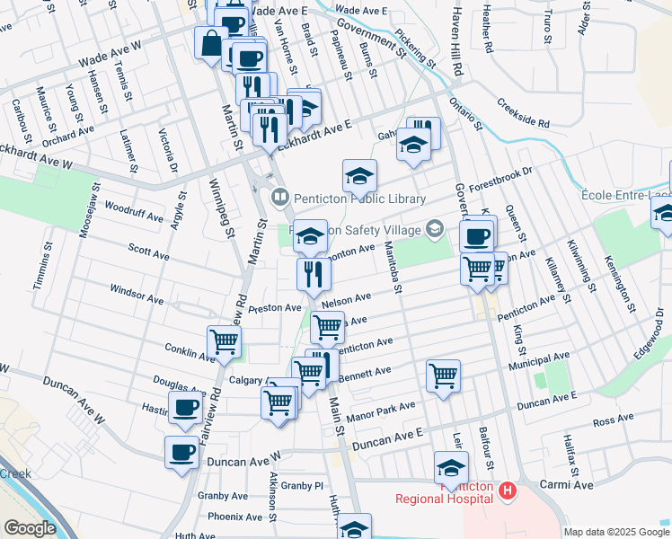 map of restaurants, bars, coffee shops, grocery stores, and more near 100 Edmonton Avenue in Penticton