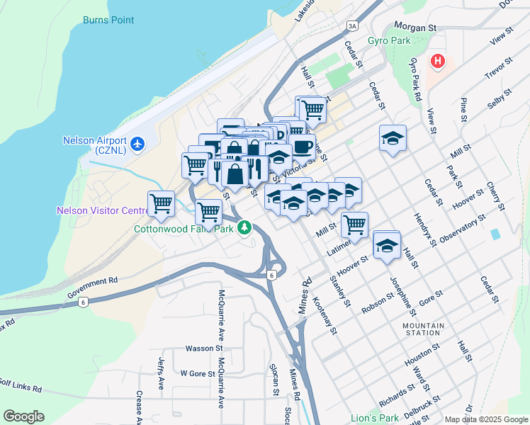 map of restaurants, bars, coffee shops, grocery stores, and more near 624 Kootenay Street in Nelson