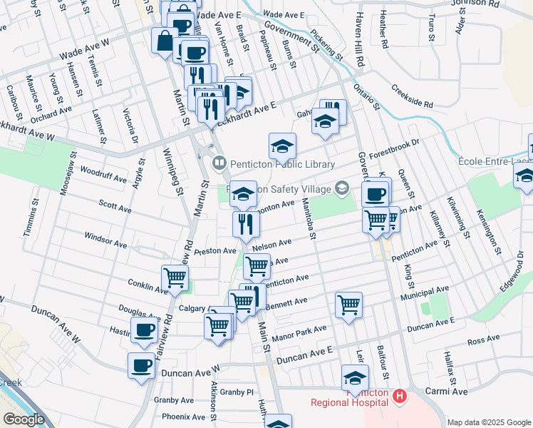 map of restaurants, bars, coffee shops, grocery stores, and more near 130 Edmonton Avenue in Penticton