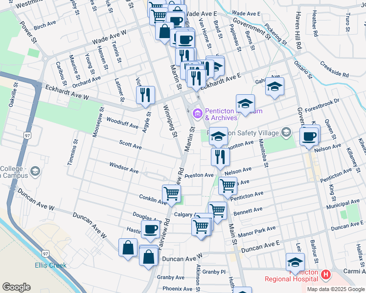 map of restaurants, bars, coffee shops, grocery stores, and more near 885 Fairview Road in Penticton