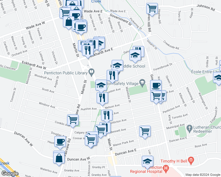map of restaurants, bars, coffee shops, grocery stores, and more near 130 Edmonton Avenue in Penticton