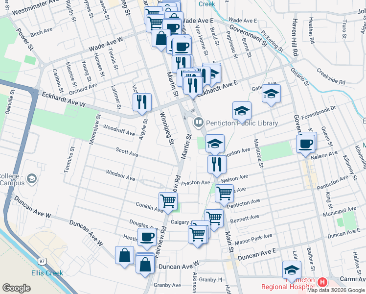 map of restaurants, bars, coffee shops, grocery stores, and more near 857 Fairview Road in Penticton