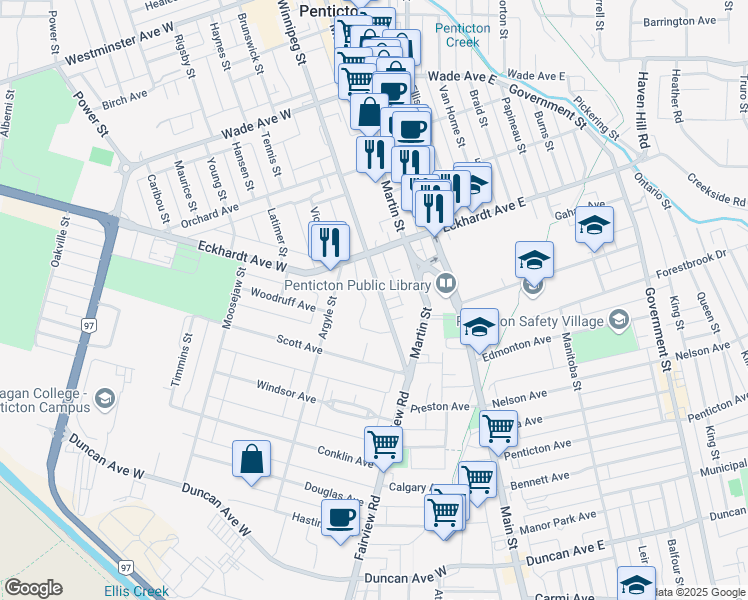 map of restaurants, bars, coffee shops, grocery stores, and more near 769 Winnipeg Street in Penticton