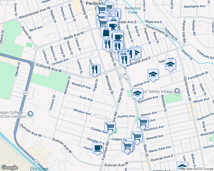 map of restaurants, bars, coffee shops, grocery stores, and more near 769 Winnipeg Street in Penticton