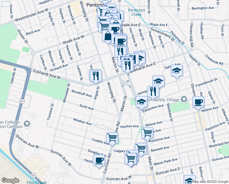 map of restaurants, bars, coffee shops, grocery stores, and more near 774 Winnipeg Street in Penticton