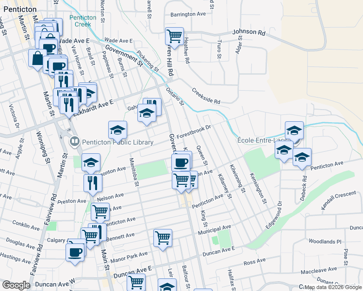 map of restaurants, bars, coffee shops, grocery stores, and more near 965 King Street in Penticton
