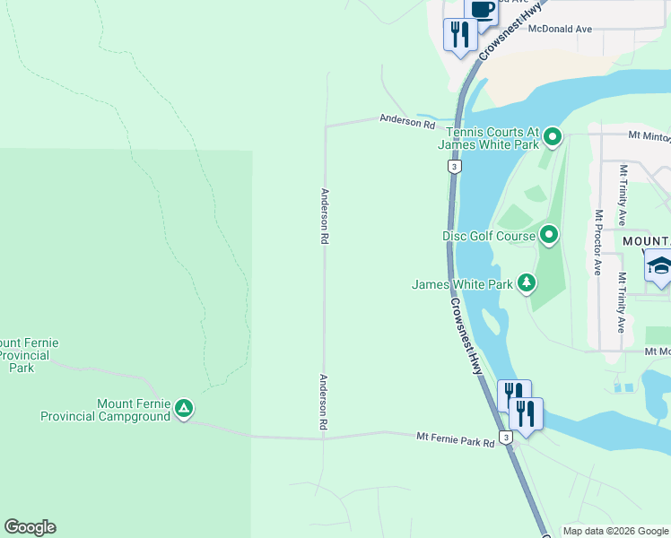 map of restaurants, bars, coffee shops, grocery stores, and more near 3292 Anderson Road in Fernie