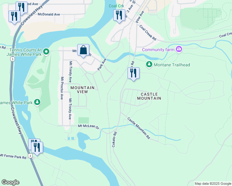 map of restaurants, bars, coffee shops, grocery stores, and more near Castle Mountain Road in Fernie