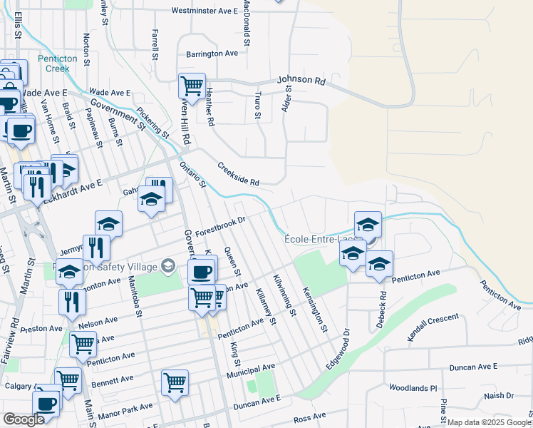 map of restaurants, bars, coffee shops, grocery stores, and more near 1000 Forestbrook Drive in Penticton