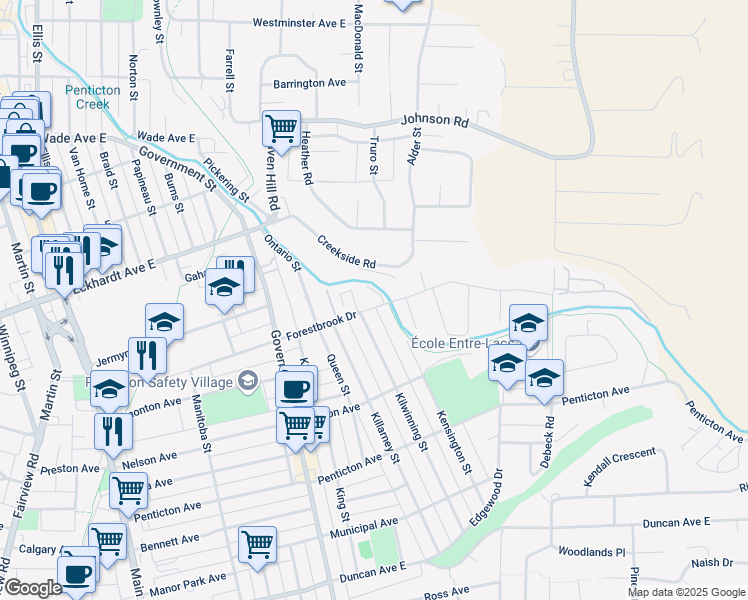 map of restaurants, bars, coffee shops, grocery stores, and more near 1000 Forestbrook Drive in Penticton