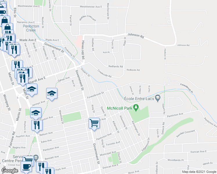 map of restaurants, bars, coffee shops, grocery stores, and more near in Penticton