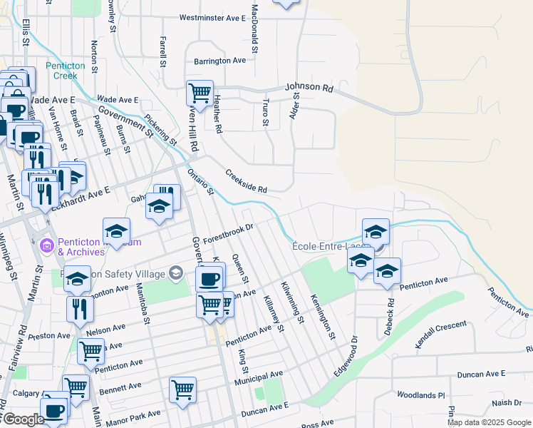 map of restaurants, bars, coffee shops, grocery stores, and more near 973 Forestbrook Drive in Penticton