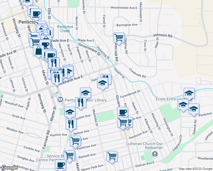 map of restaurants, bars, coffee shops, grocery stores, and more near 198 Bird Place in Penticton