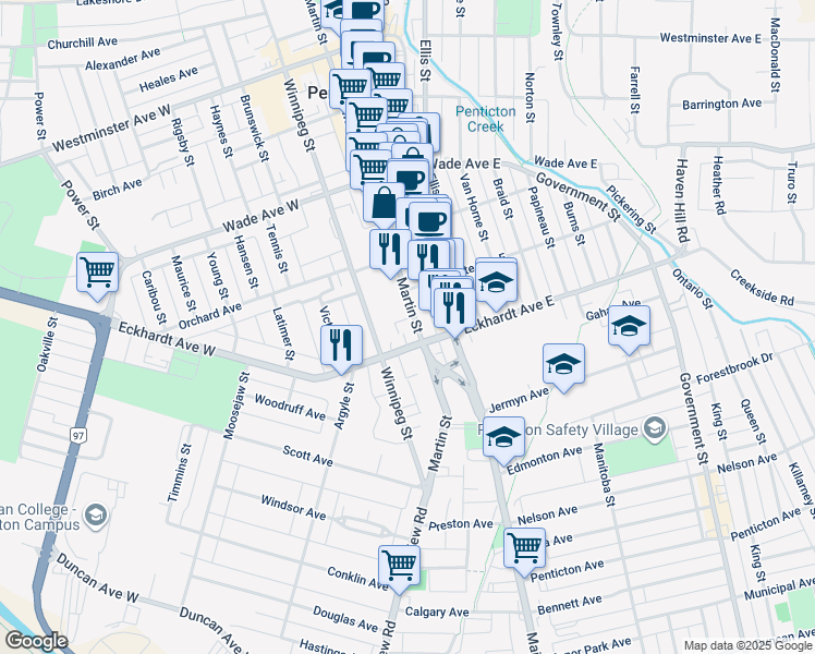 map of restaurants, bars, coffee shops, grocery stores, and more near 671 Martin Street in Penticton