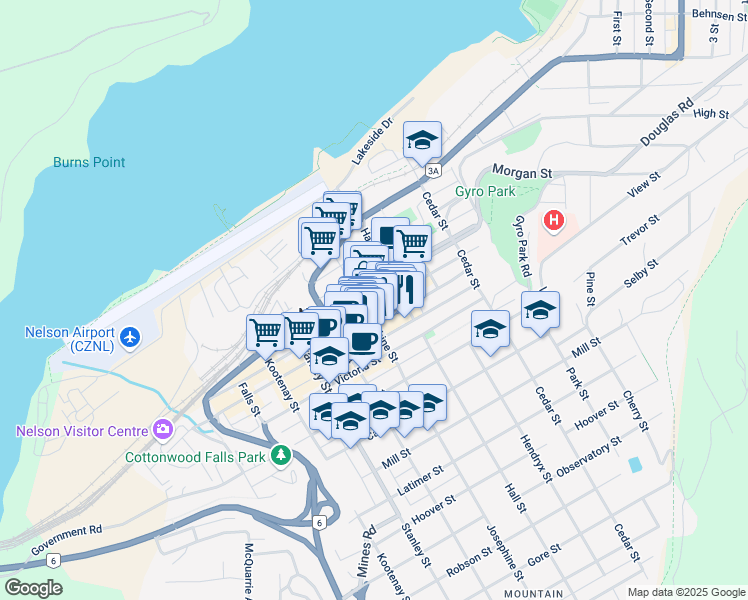 map of restaurants, bars, coffee shops, grocery stores, and more near 608 Vernon Street in Nelson