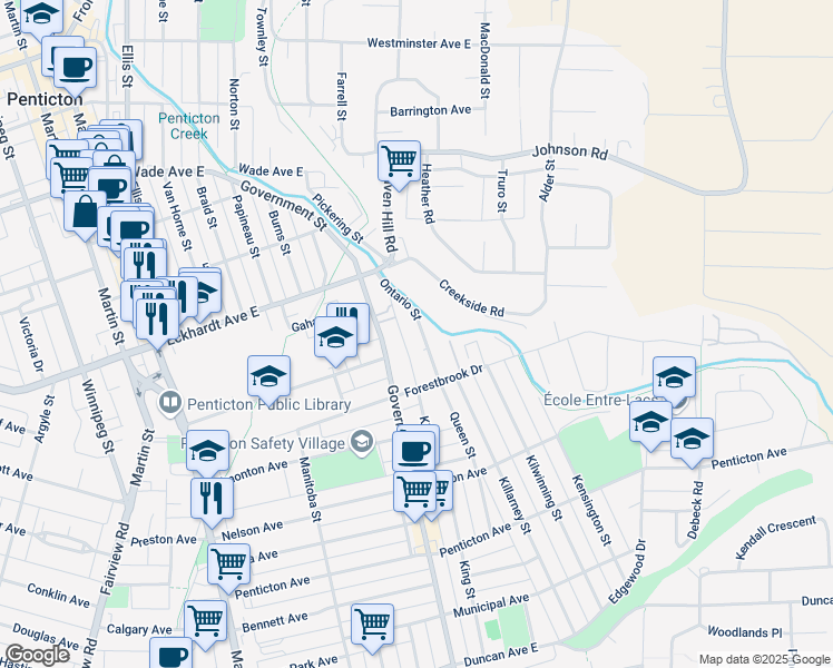map of restaurants, bars, coffee shops, grocery stores, and more near 777 Ontario Street in Penticton