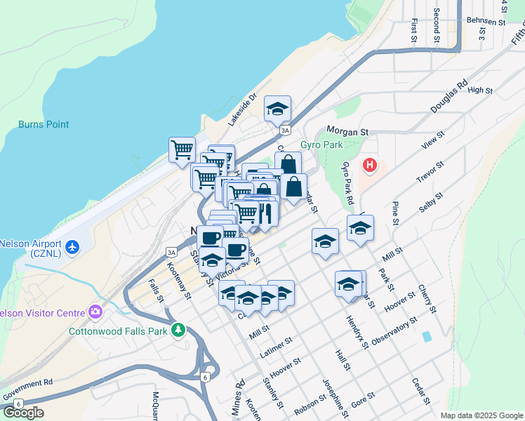 map of restaurants, bars, coffee shops, grocery stores, and more near 405 Hall Street in Nelson