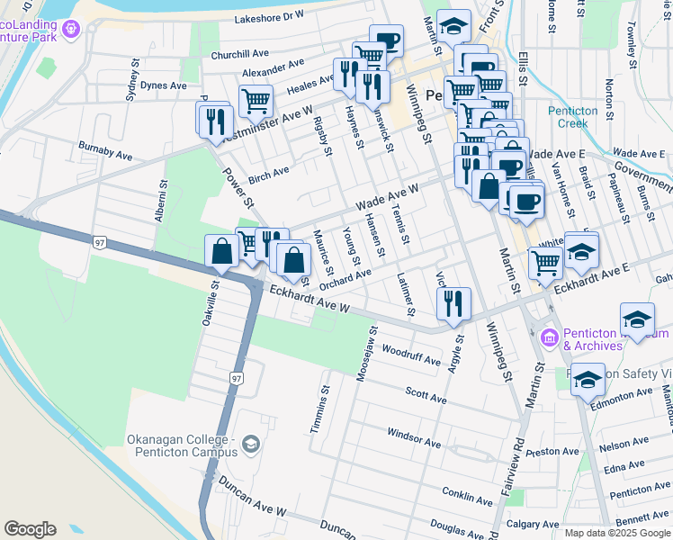 map of restaurants, bars, coffee shops, grocery stores, and more near 484 Maurice Street in Penticton