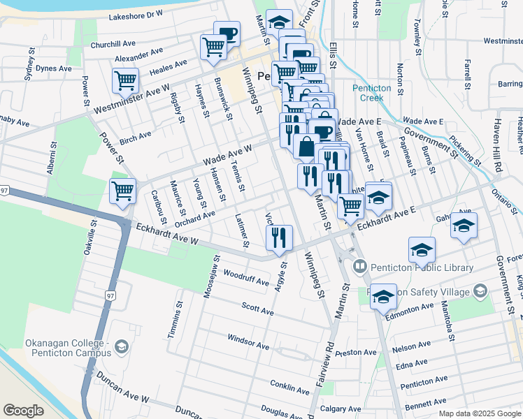 map of restaurants, bars, coffee shops, grocery stores, and more near 597 Victoria Drive in Penticton