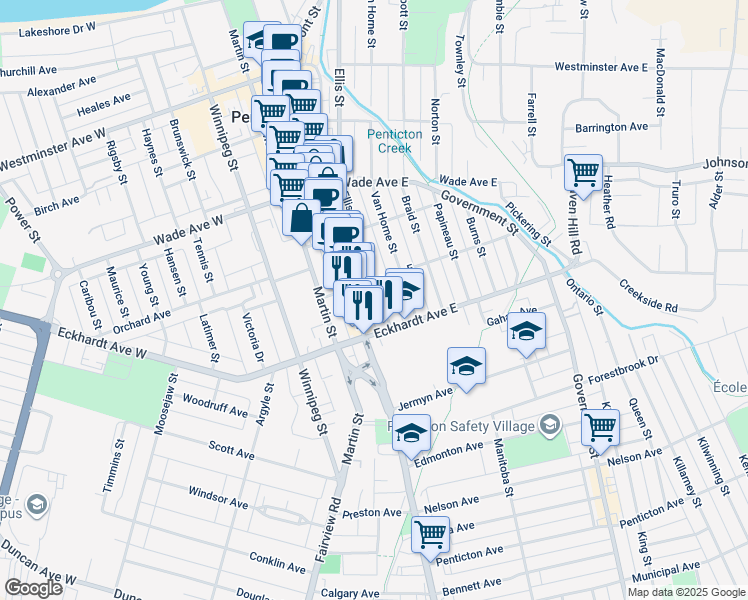 map of restaurants, bars, coffee shops, grocery stores, and more near 625 Ellis Street in Penticton