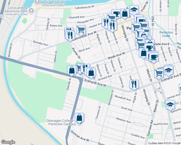 map of restaurants, bars, coffee shops, grocery stores, and more near 445 Caribou Street in Penticton