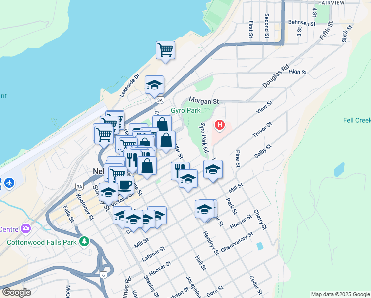 map of restaurants, bars, coffee shops, grocery stores, and more near 519 Cedar Street in Nelson