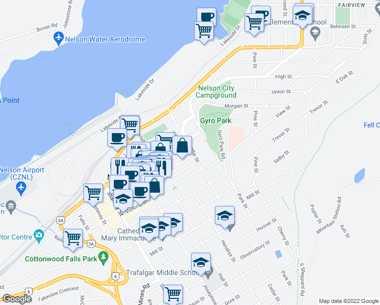map of restaurants, bars, coffee shops, grocery stores, and more near 823 Baker Street in Nelson