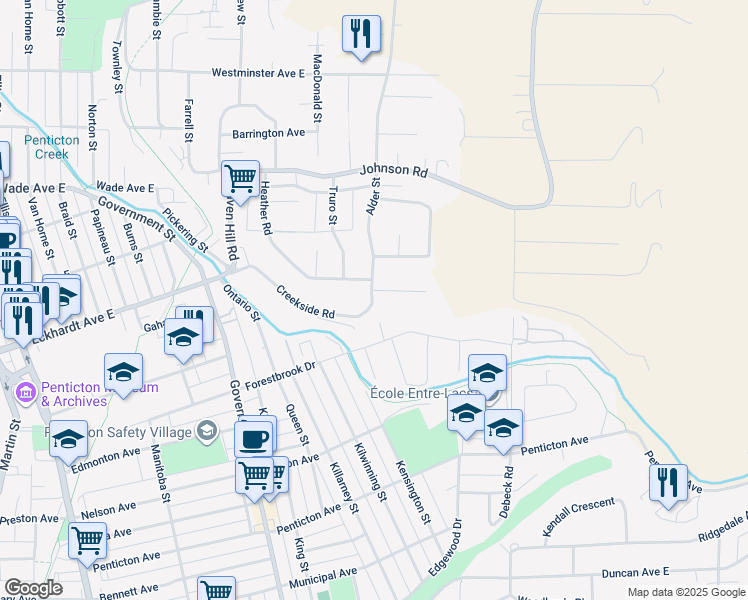 map of restaurants, bars, coffee shops, grocery stores, and more near 1102 Redlands Road in Penticton