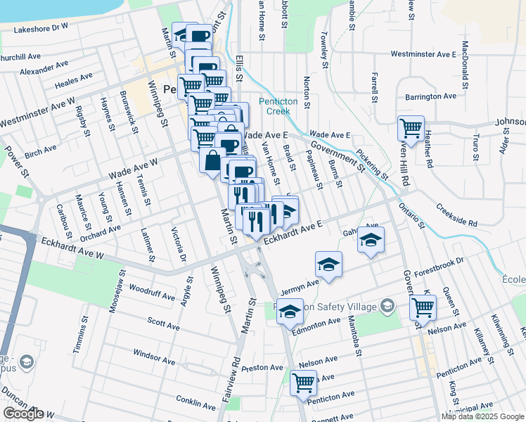 map of restaurants, bars, coffee shops, grocery stores, and more near 625 Ellis Street in Penticton