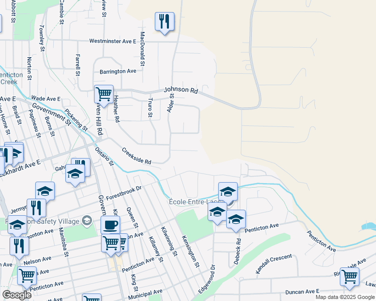 map of restaurants, bars, coffee shops, grocery stores, and more near 1141 Redlands Road in Penticton