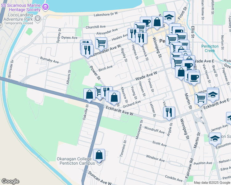 map of restaurants, bars, coffee shops, grocery stores, and more near 412 Caribou Street in Penticton
