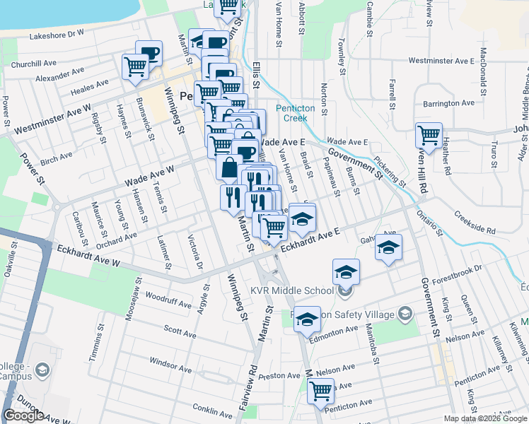 map of restaurants, bars, coffee shops, grocery stores, and more near 603 Main Street in Penticton