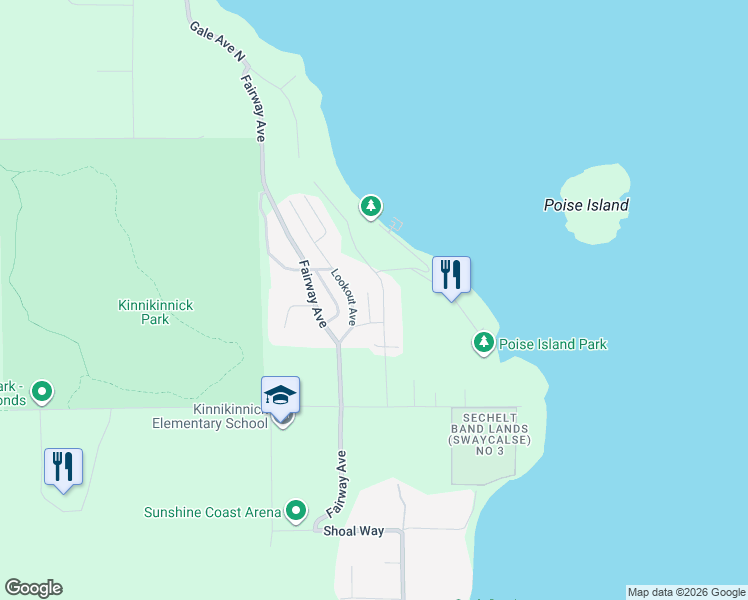 map of restaurants, bars, coffee shops, grocery stores, and more near 6143 Gale Avenue South in Sechelt