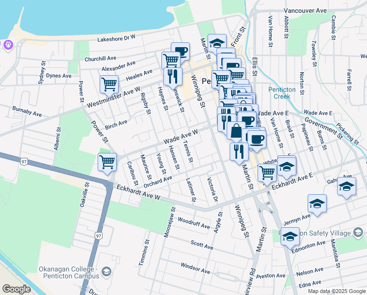 map of restaurants, bars, coffee shops, grocery stores, and more near 417 Tennis Street in Penticton