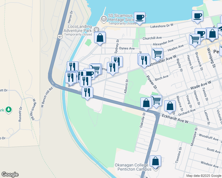 map of restaurants, bars, coffee shops, grocery stores, and more near 971 Creston Avenue in Penticton