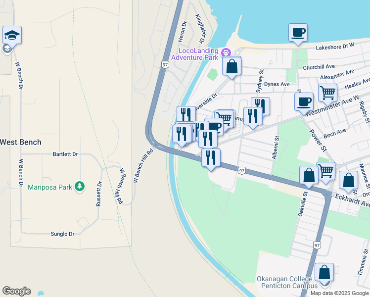 map of restaurants, bars, coffee shops, grocery stores, and more near 1080 Eckhardt Avenue West in Penticton