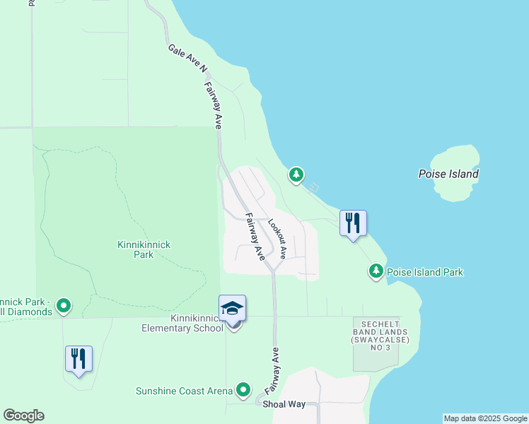 map of restaurants, bars, coffee shops, grocery stores, and more near Lookout Avenue in Sechelt