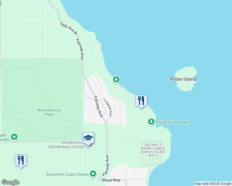 map of restaurants, bars, coffee shops, grocery stores, and more near 6176 Gale Avenue South in Sechelt