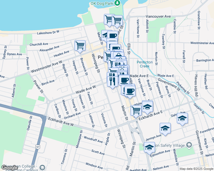 map of restaurants, bars, coffee shops, grocery stores, and more near 157 Wade Avenue West in Penticton