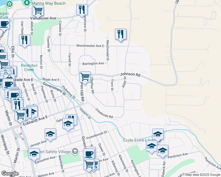 map of restaurants, bars, coffee shops, grocery stores, and more near 445 Truro Street in Penticton