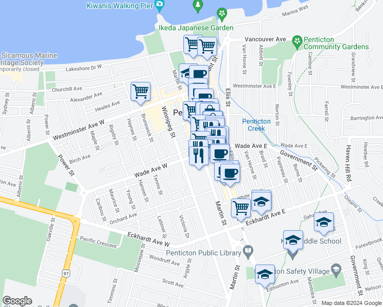 map of restaurants, bars, coffee shops, grocery stores, and more near 157 Wade Avenue West in Penticton