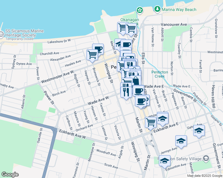 map of restaurants, bars, coffee shops, grocery stores, and more near 377 Winnipeg Street in Penticton