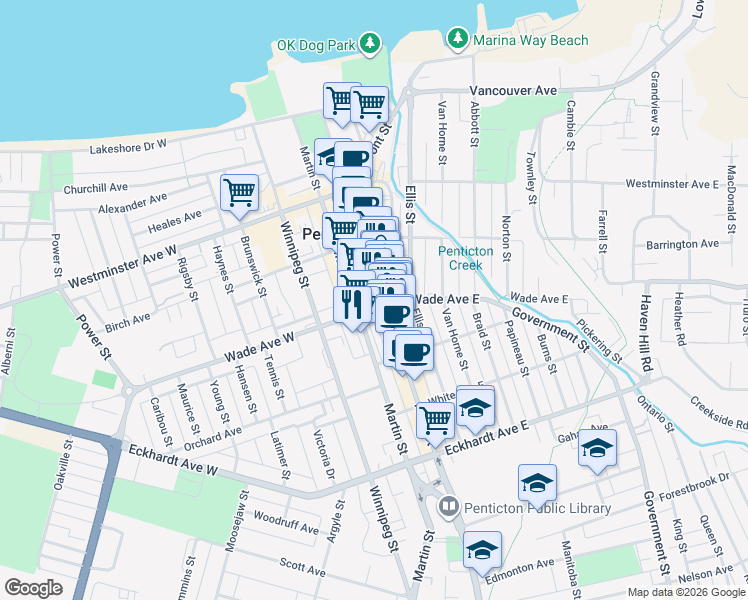 map of restaurants, bars, coffee shops, grocery stores, and more near in Penticton