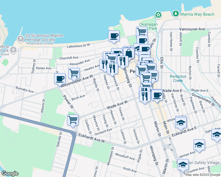 map of restaurants, bars, coffee shops, grocery stores, and more near 398 Nanaimo Avenue West in Penticton