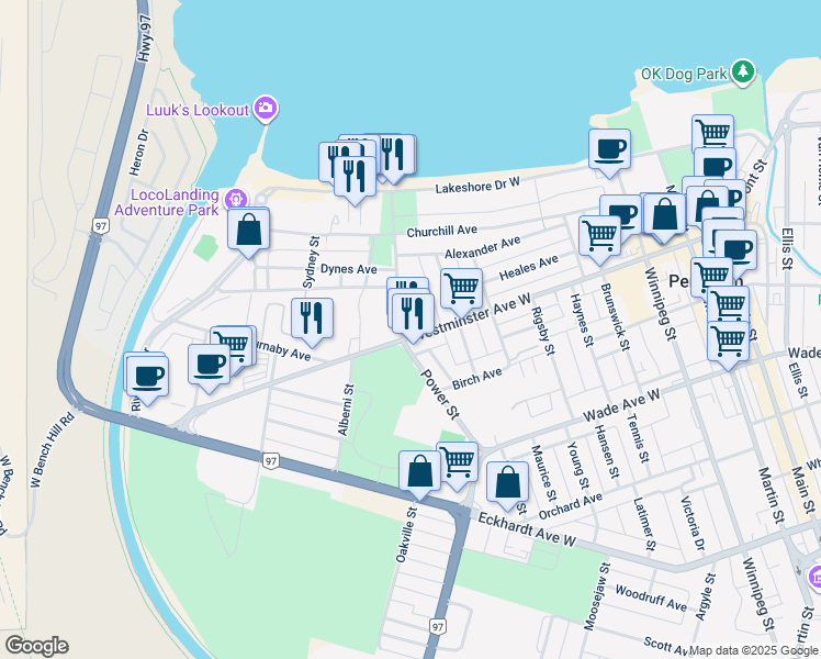 map of restaurants, bars, coffee shops, grocery stores, and more near 166 Power Street in Penticton