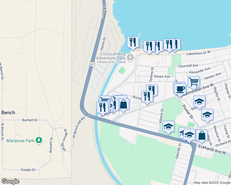 map of restaurants, bars, coffee shops, grocery stores, and more near 201 Wylie Street in Penticton